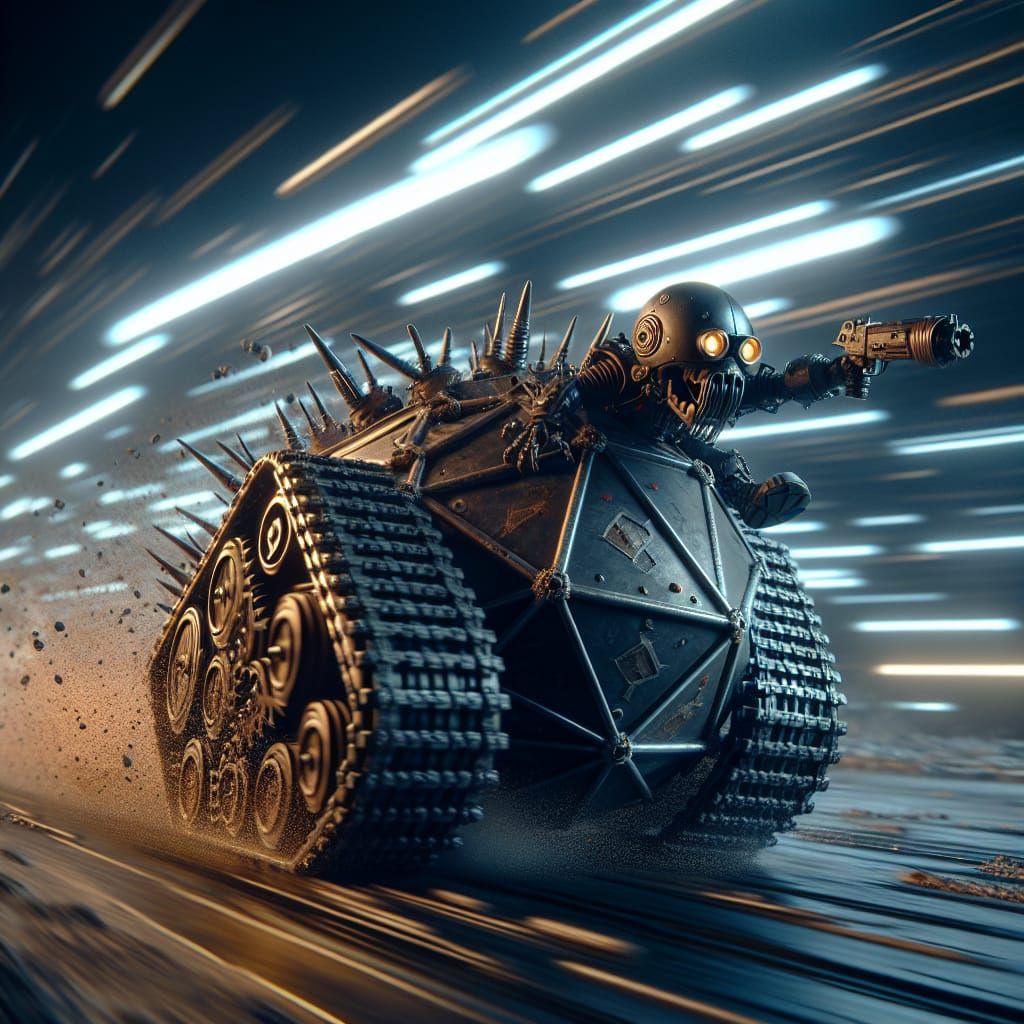 Chibi Cyborg Races Icosahedron Tank in Apocalyptic Wasteland