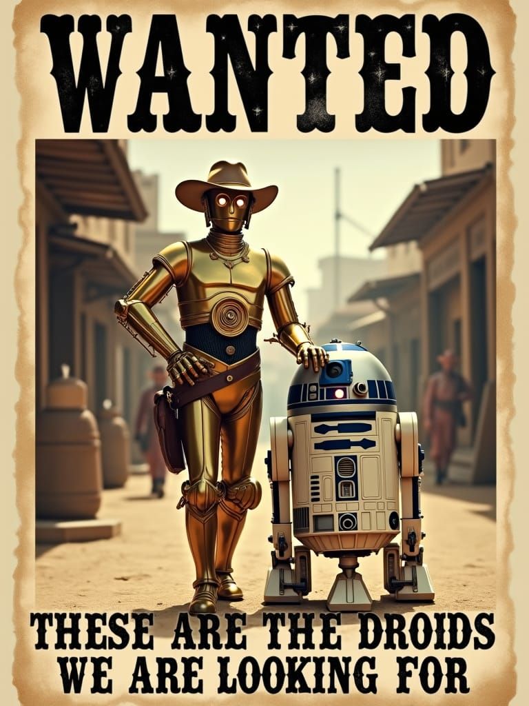 C3PO and R2D2 in a Western Wanted Poster