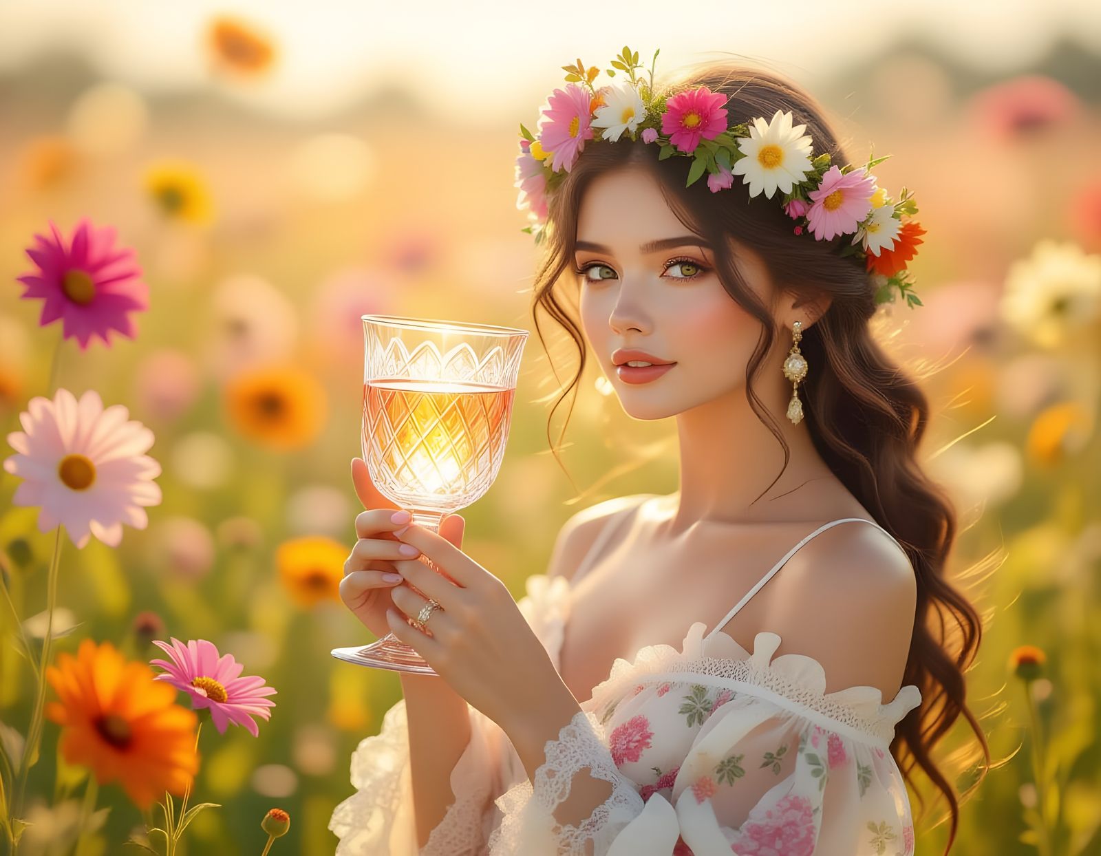 Woman with Summer Light in Dreamlike Meadow