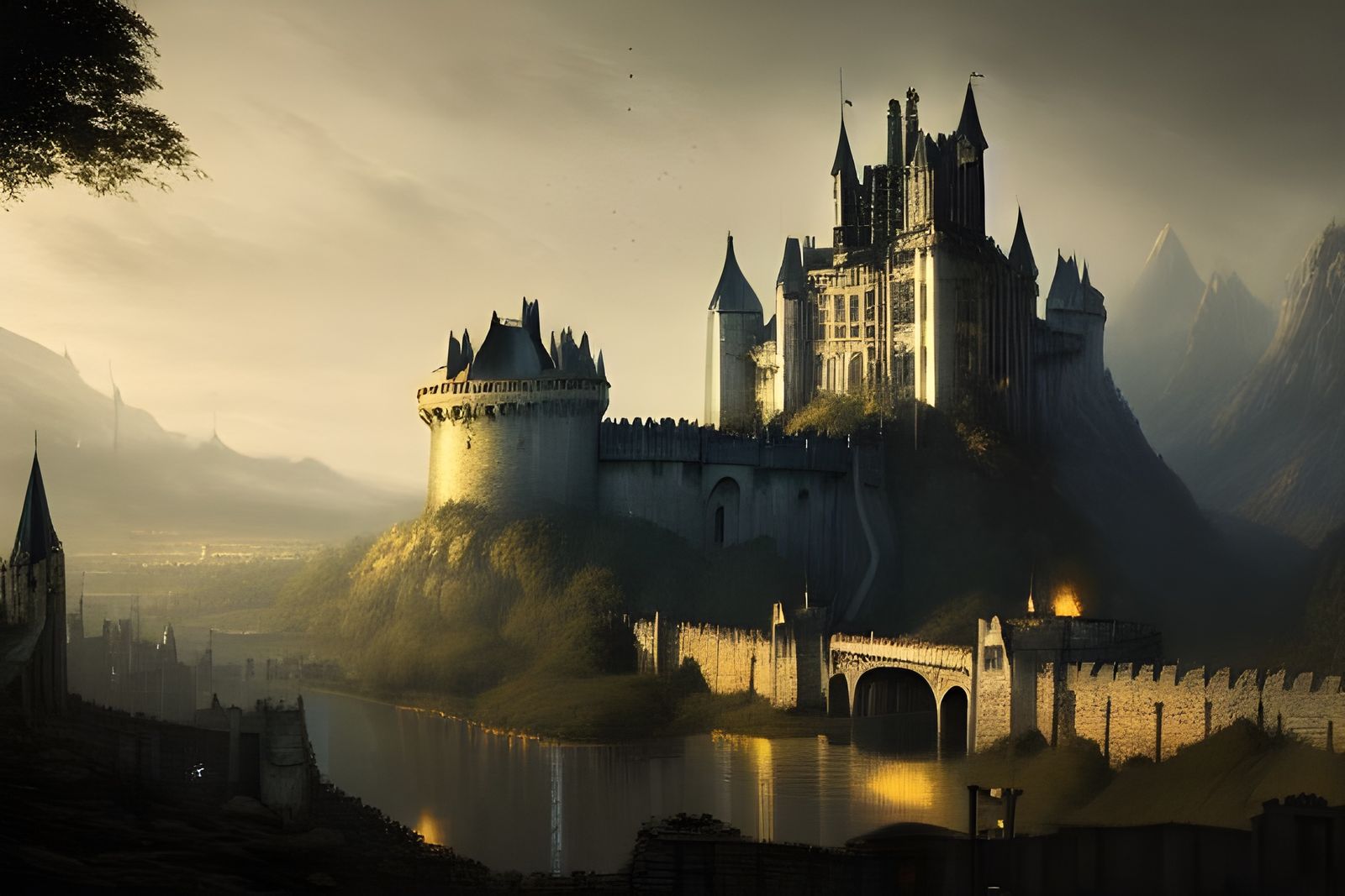 Fantasy Cyberpunk City in Valley: Digital Art