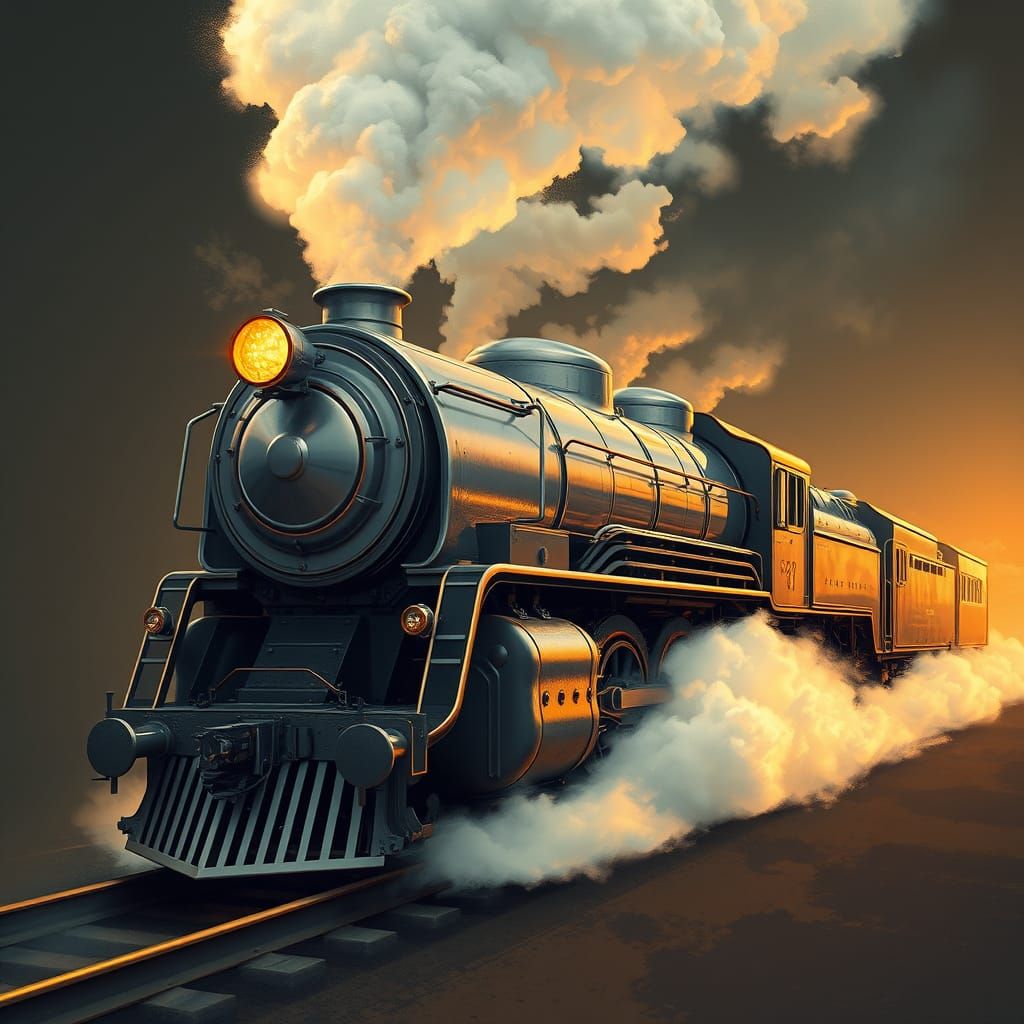 Retro-Futuristic Steam Locomotive in Warm Golden Light