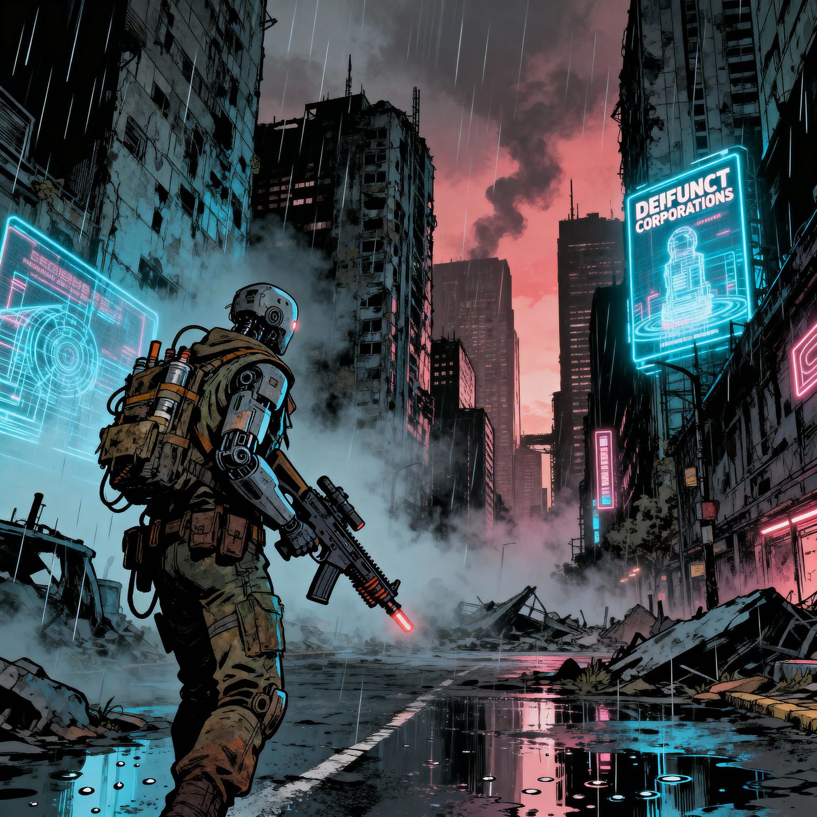 Cyborg Scavenger in Neon Megacity Comic Art