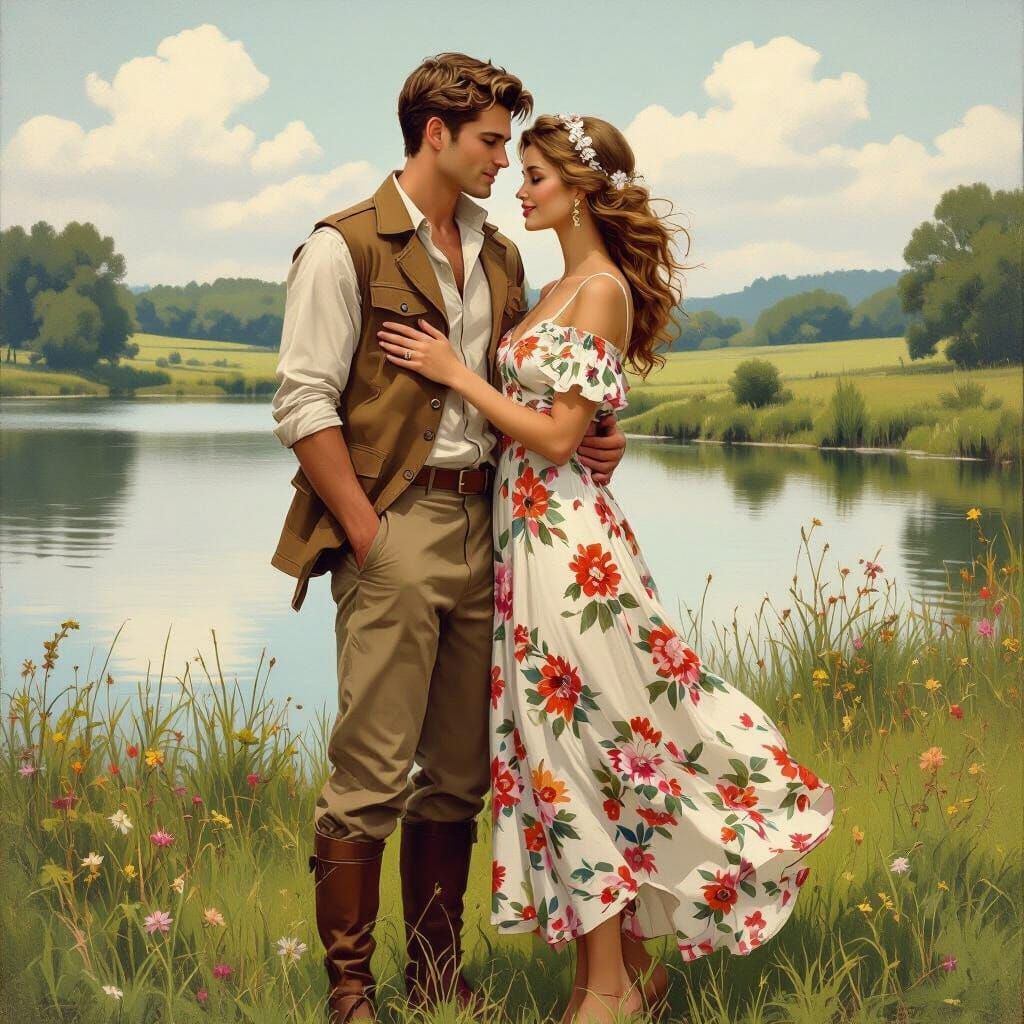 Romantic Embrace in Lush Meadow by Serene Lake