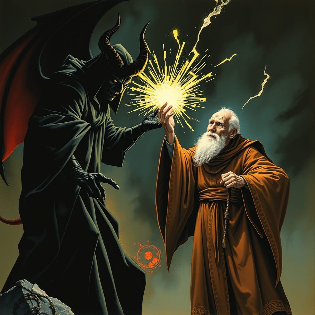 Devil's Spell Repelled: A Dark Fantasy Scene