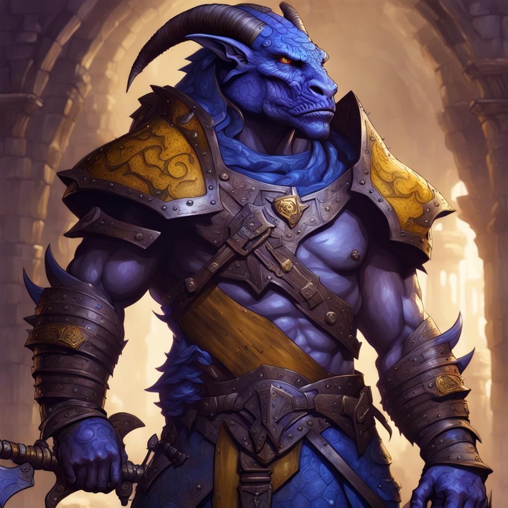 Blue Dragonborn Barbarian in Armor: Dark Fantasy Art