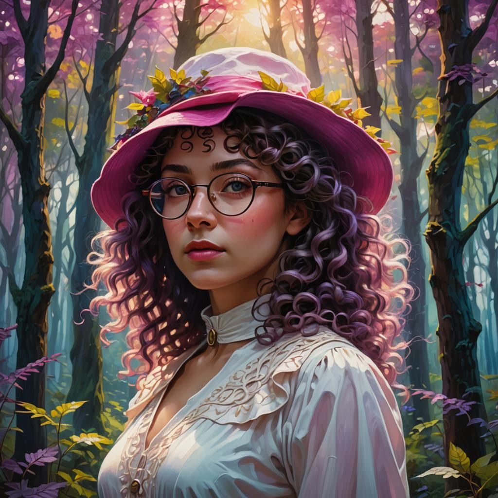 Woman in Mystical Forest: Vibrant Oil Painting