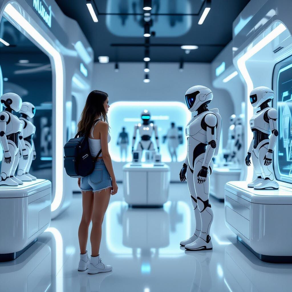 Futuristic Store with Robots in Digital Art Style