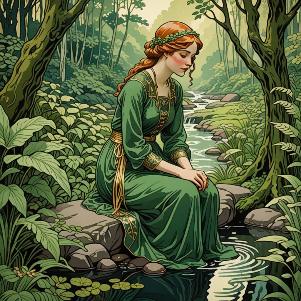 Art Nouveau Girl by Forest Brook with Weeping Willows