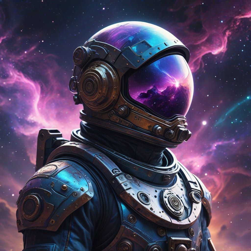Astronaut Exploring Cosmic Nebula in Steampunk Matrix Style