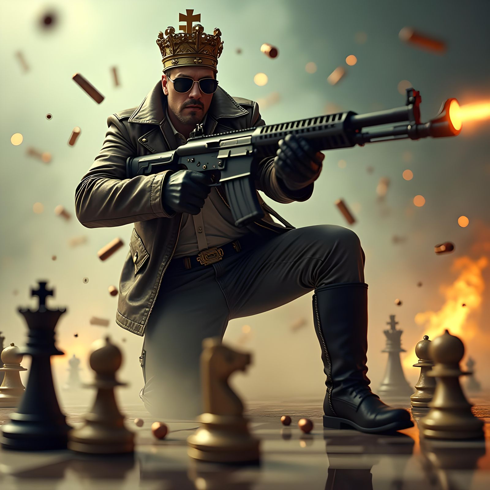 Chess King as Action Hero in Cinematic Still