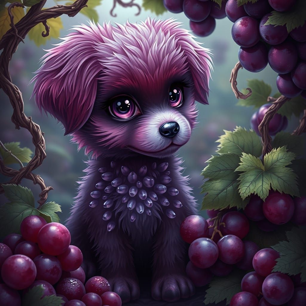 Whimsical Dog-Grape Hybrid in Vibrant, Hyper-Realistic Lands...