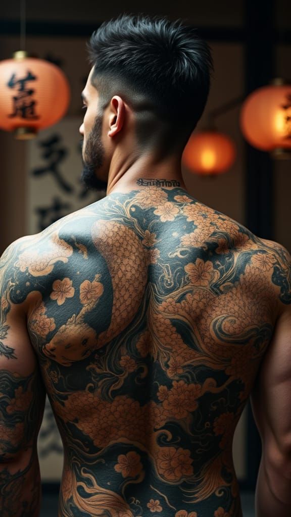Irezumi Tattoo: Hyperrealistic Close-up of Muscular Back
