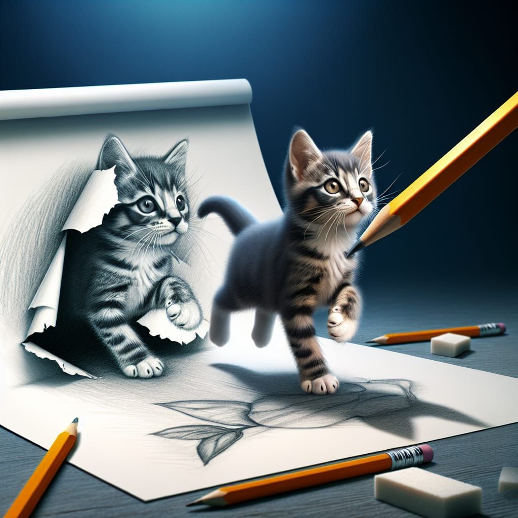 Pencil Sketch Kitten Coming to Life