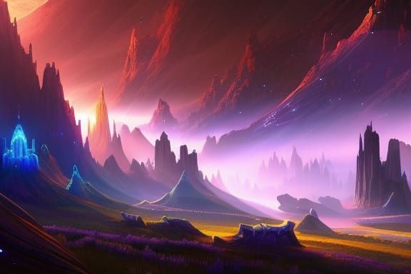 Majestic Fantasy Landscape with Galactic Night Sky