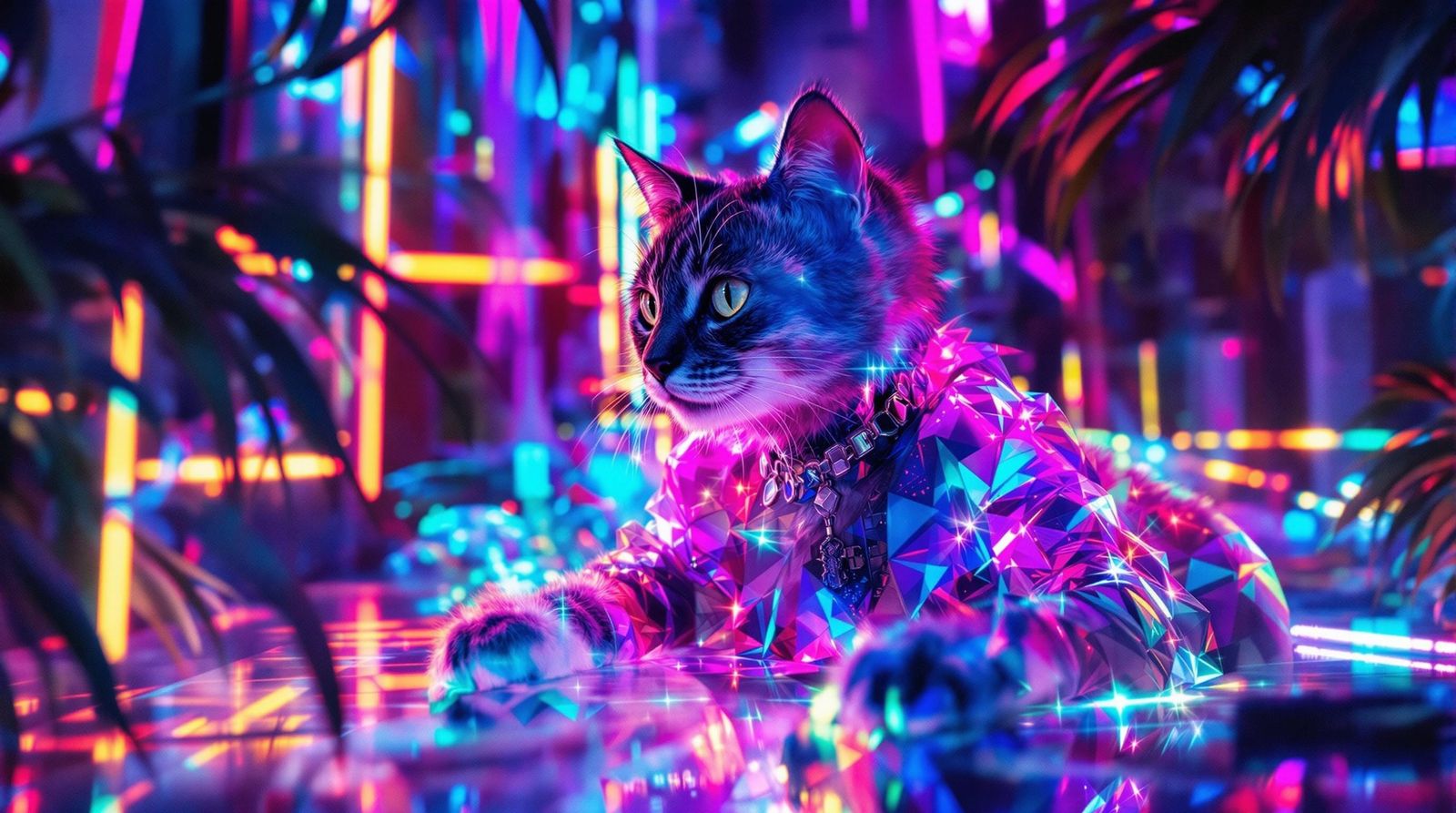 Cat in 80s Miami Neon, Futuristic Style