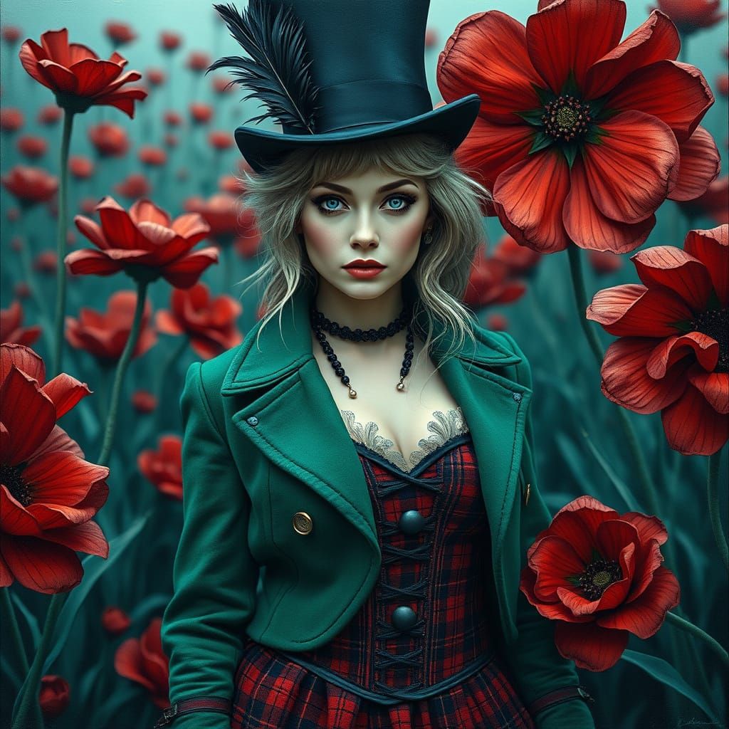 Surrealist Portrait of a Gothic Woman in Whimsical Flowers