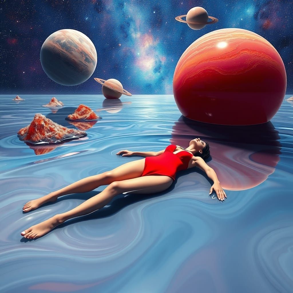 Woman Swims in Liquid Glass Cosmic Dreamscape