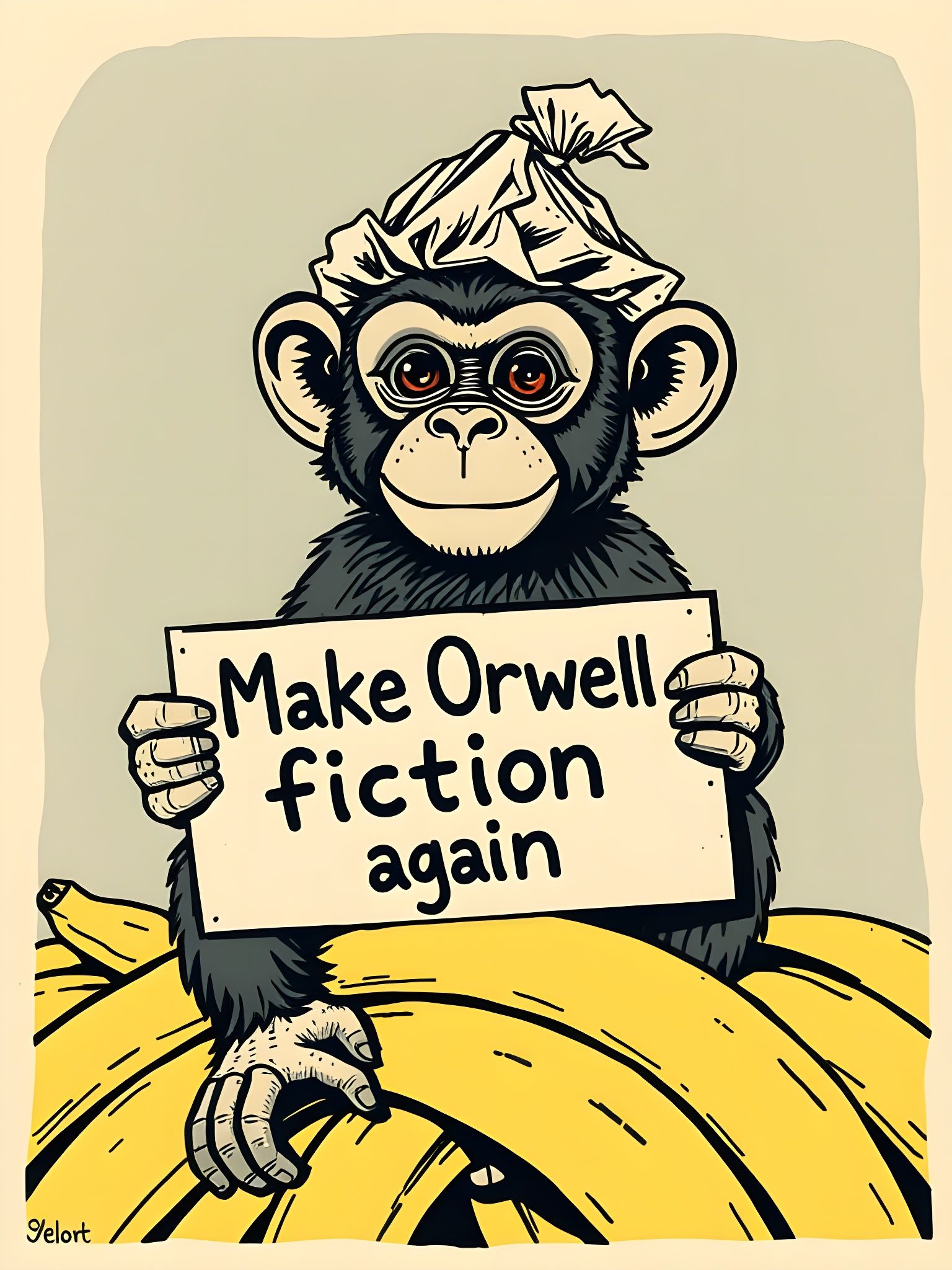 Mischievous Monkey with Tin Foil Hat Holds Sign