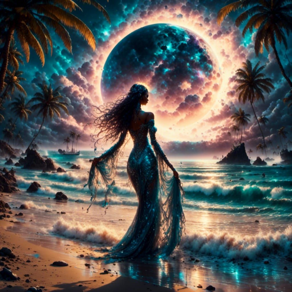 Mystical Ocean Beach at Night in Dark Fantasy Style