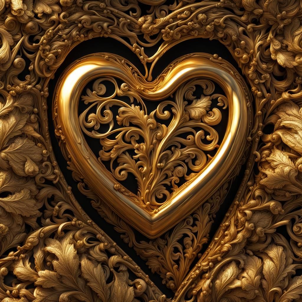 Intricate Gold Heart in Hyperrealistic Style