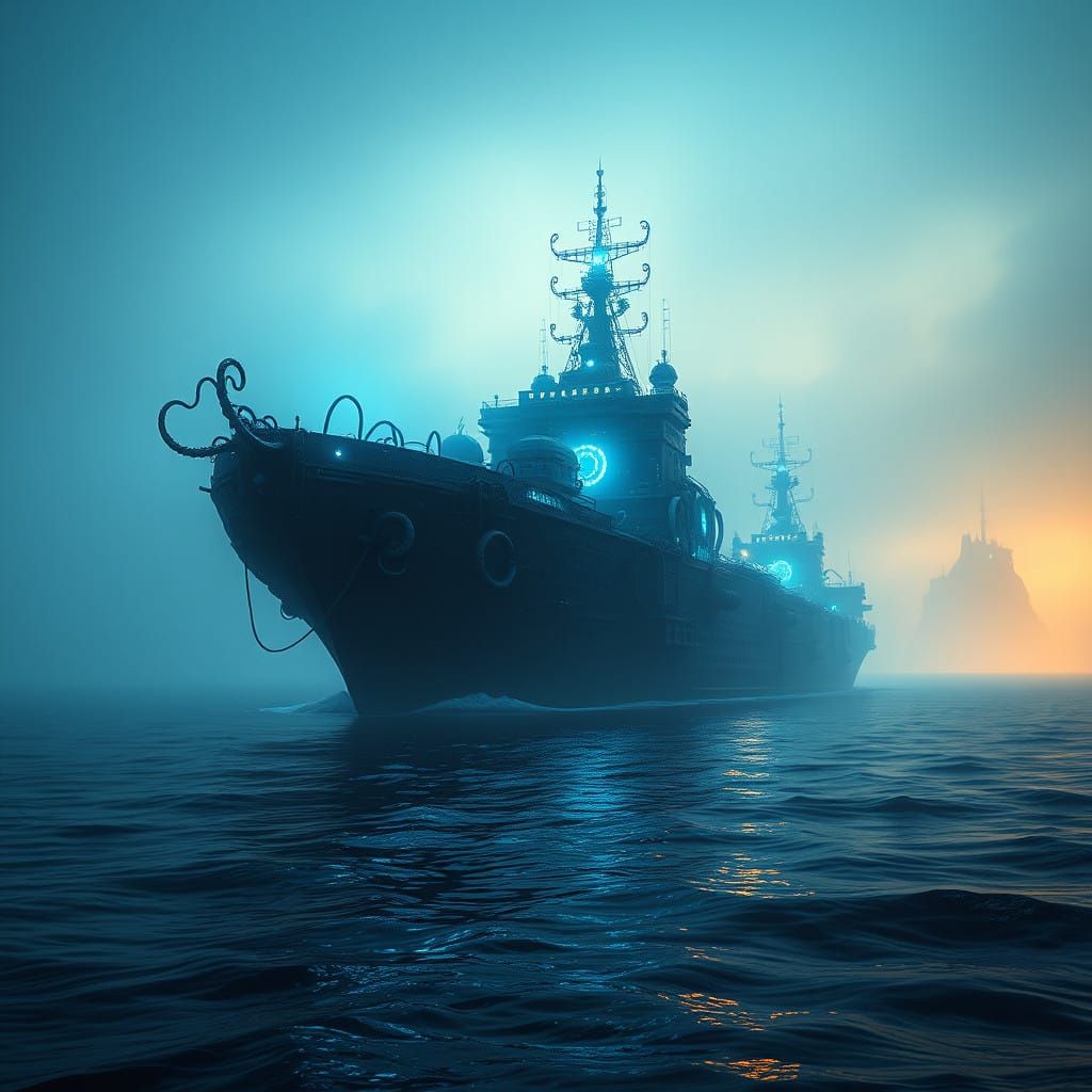 Ethereal Biomechanical Ship Emerge from Foggy Harbor