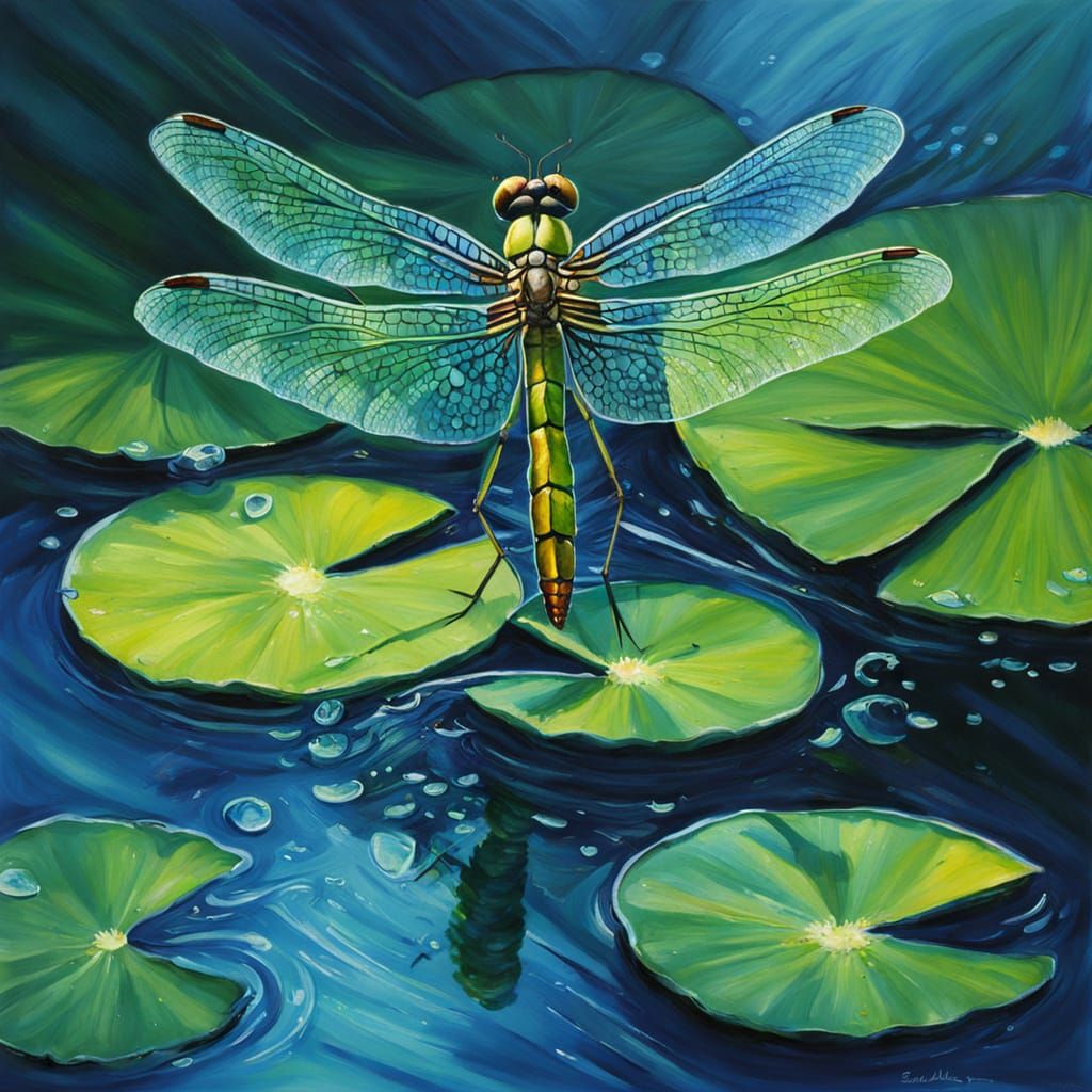 Vibrant Dragonfly Leaping on Lily Pads - Oil Painting