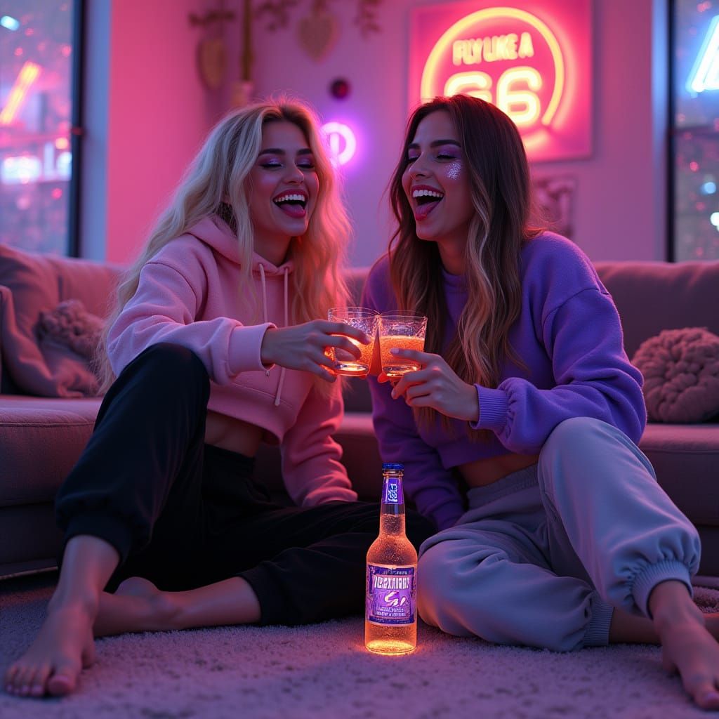 Cyberpunk Women Enjoying Neon-Lit Night In