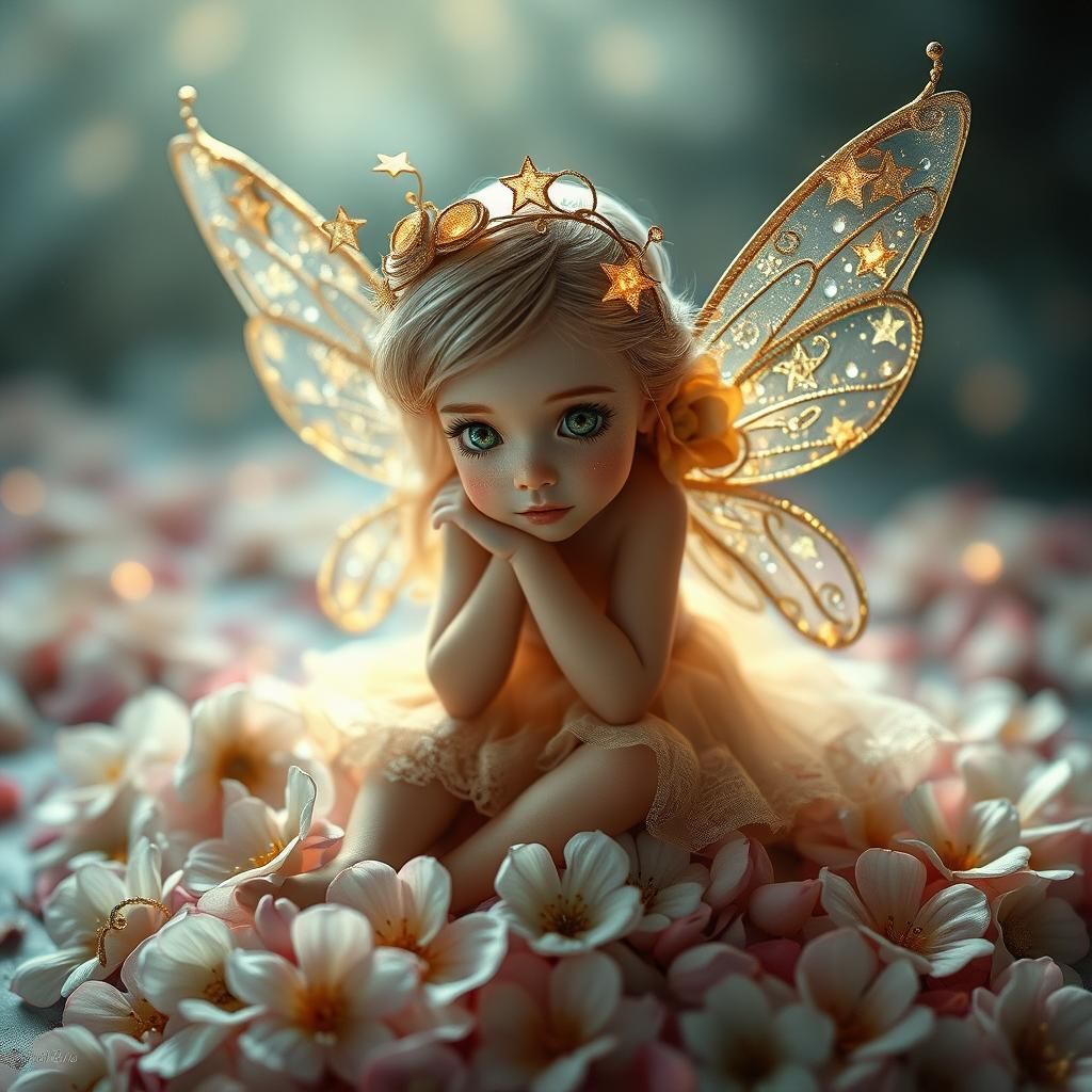 Vintage Fairy with Star Wings on Flower Petals