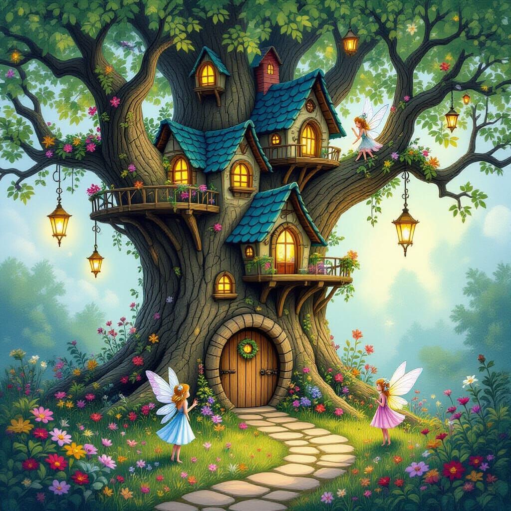 Enchanted Fairy Village in Ancient Tree