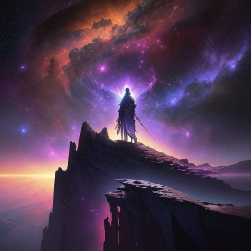 Cosmic Angel Overlooking Nebula in Oil Painting Style