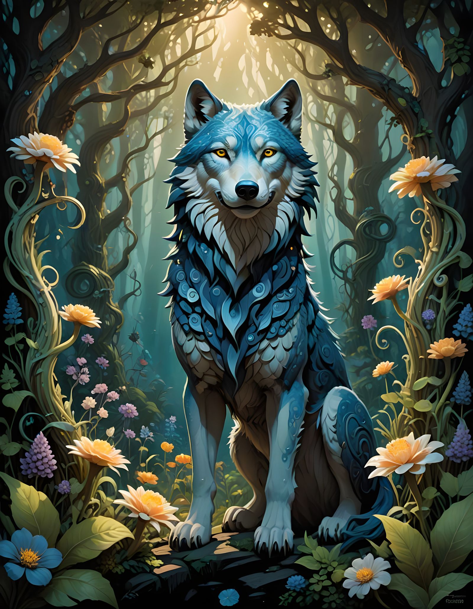 Ethereal Wolf Amidst Sentient Flora in Greg Rutkowski-Style....
