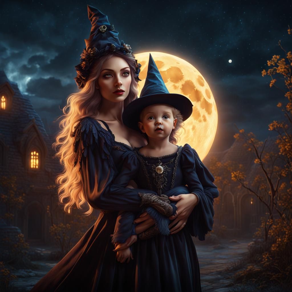 Enchanting Witch Creates Magic Under Full Moon