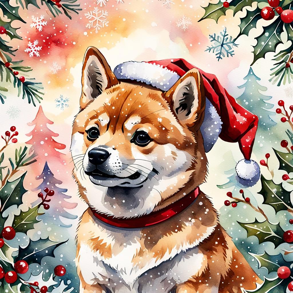 Festive Shiba Inu in Watercolor Style