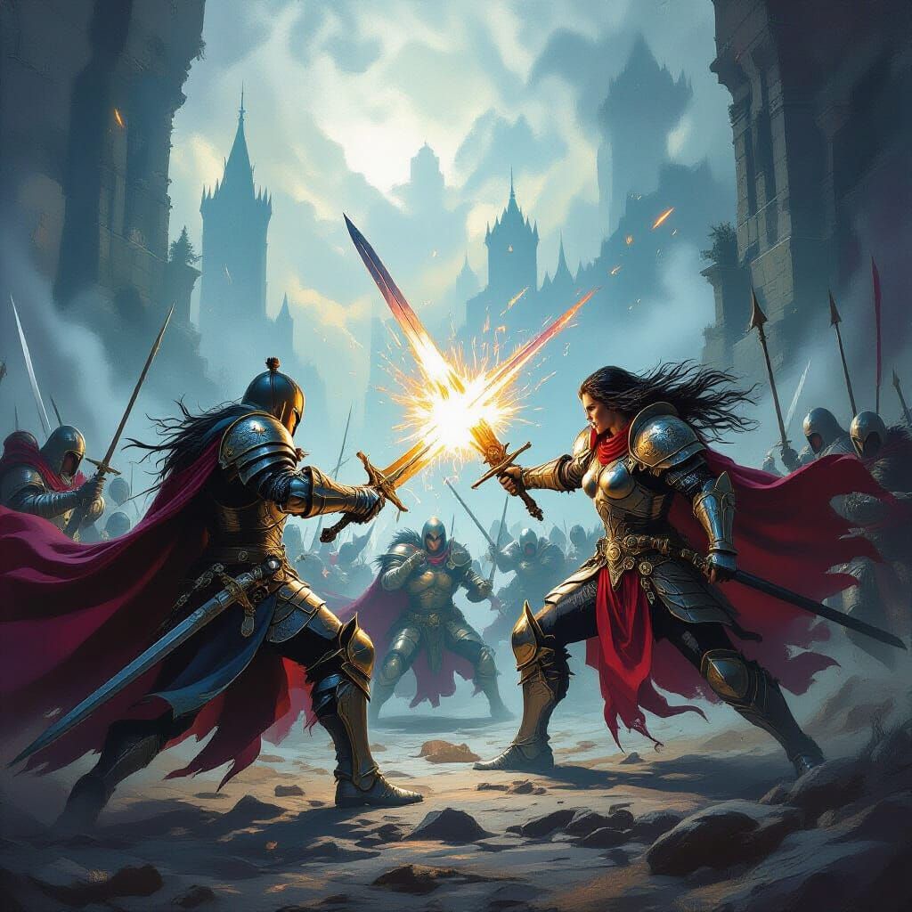 Armored Warriors Clash in Mystical Realm as Fantasy Art