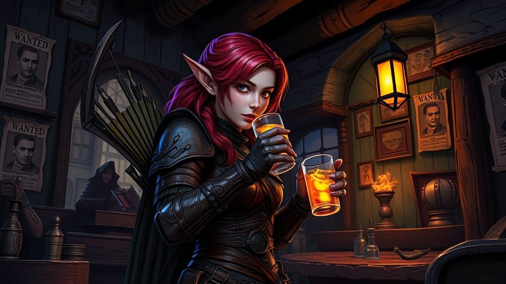 Mysterious Red-Haired Elf Archer in Hidden Tavern