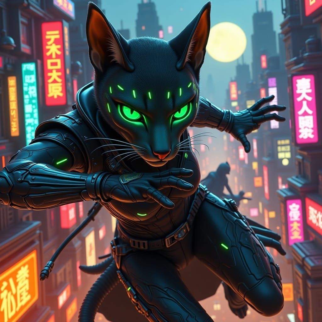 Regal Feline Warrior Battles Stealthy Wolf-Ninja in Neon-Lit...