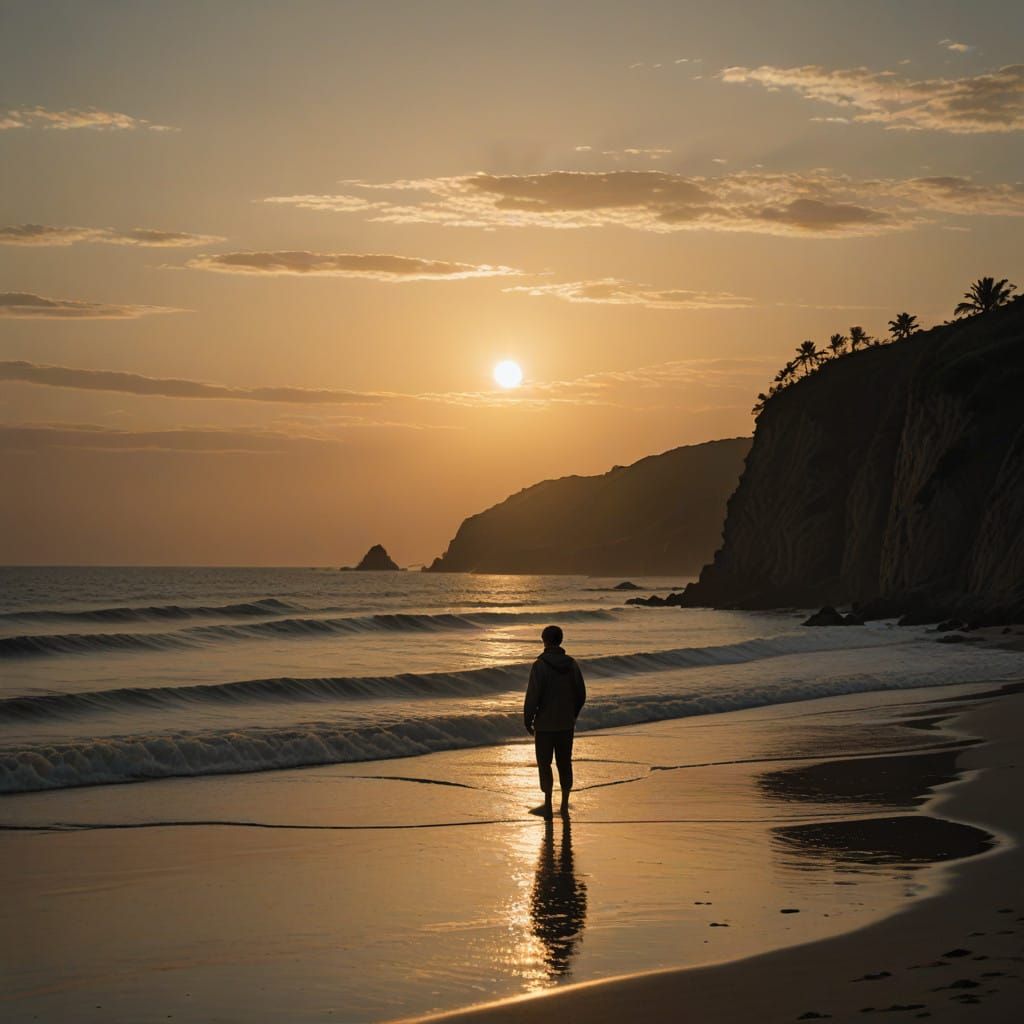 Serene Ocean Sunset with Cinematic Film Grain