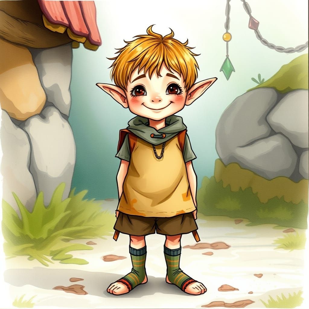 Whimsical Boy in Tattered Tunic, Pointed Ears and Mischievou...