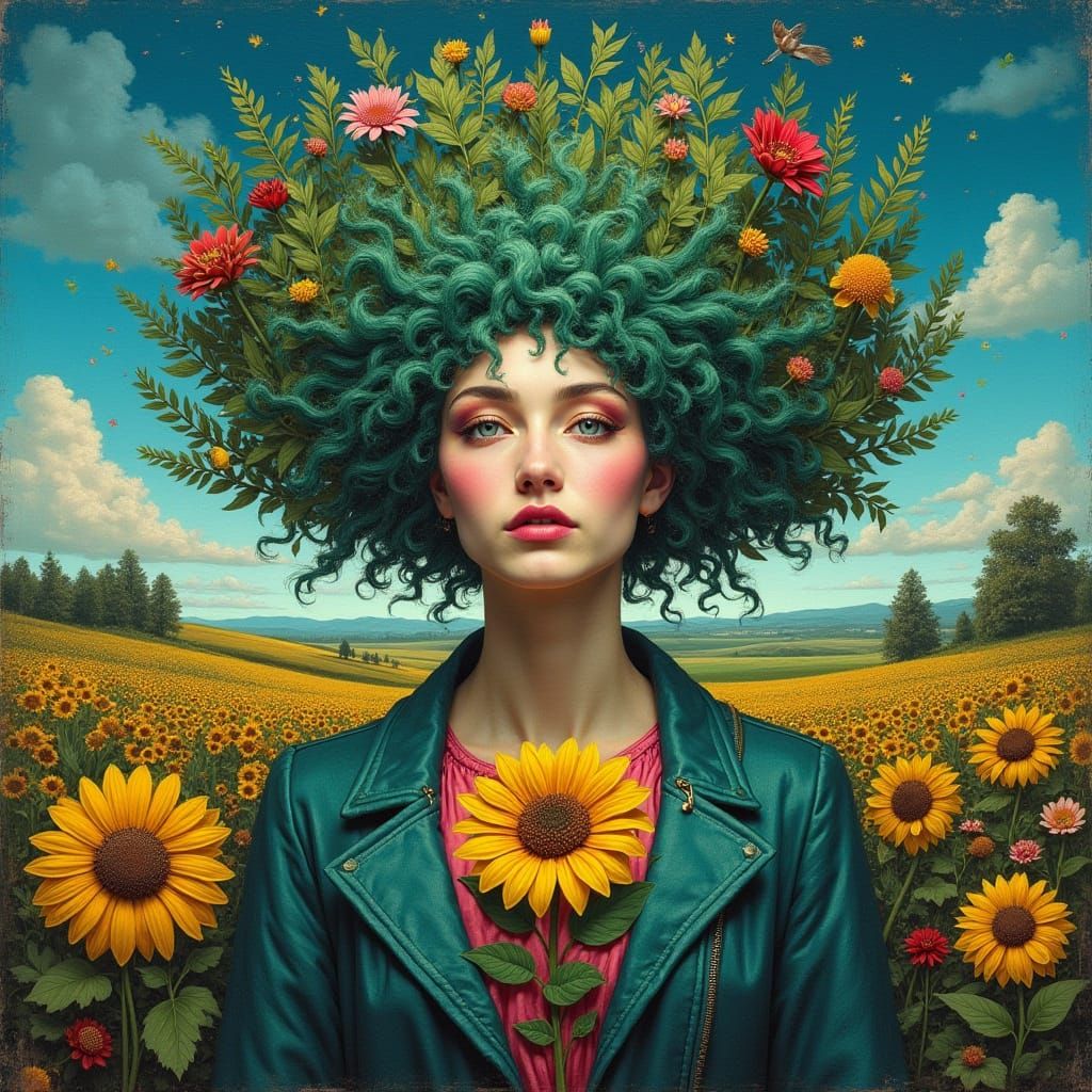 Mosaic of Woman with Teal Hair and Yellow Flower in Hyperrea...