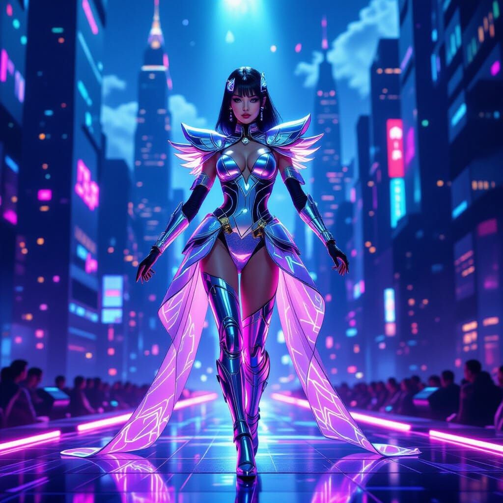 Futuristic Cyberpunk Showgirl on Stage in 3D Anime Style