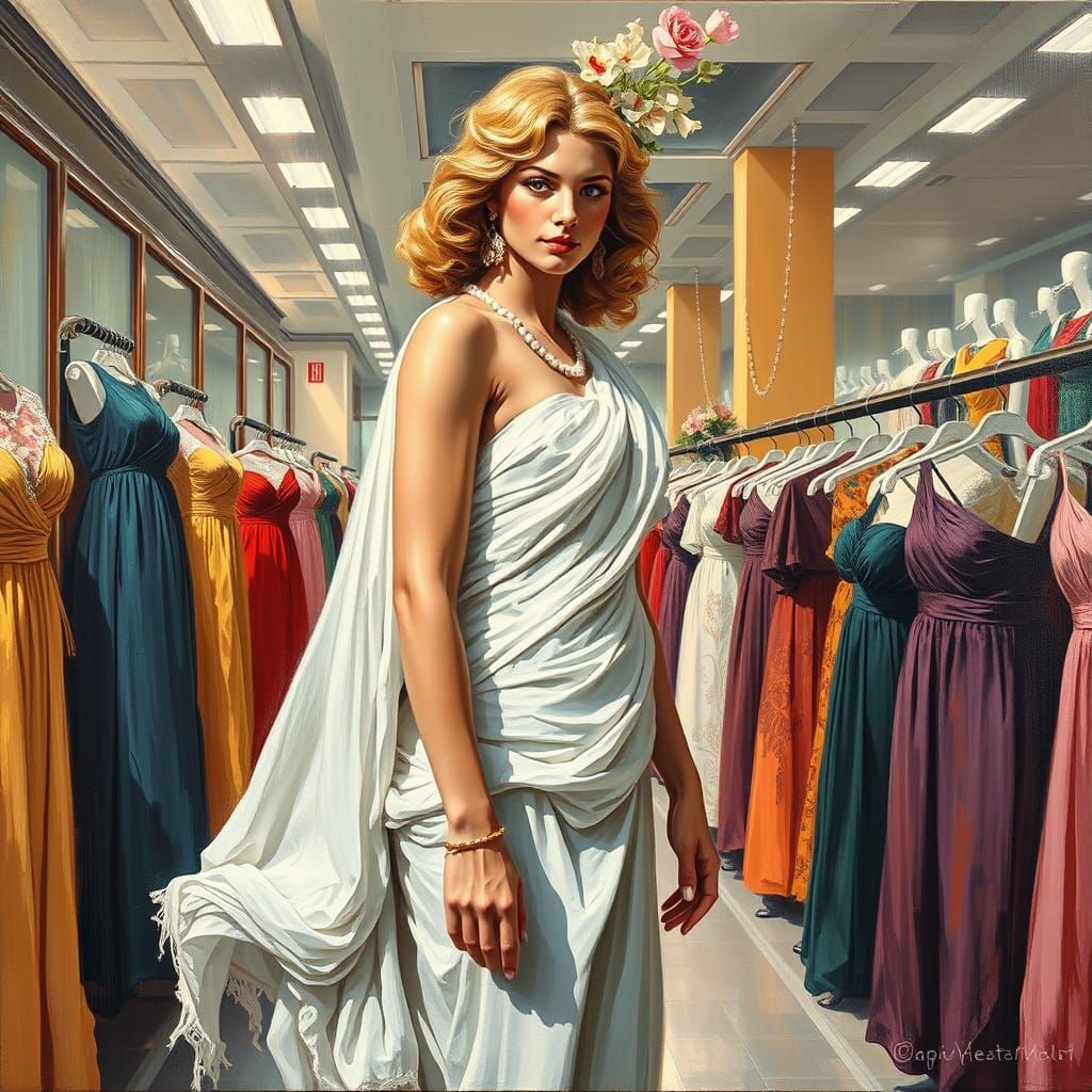 Athena Shopping for Dresses, in Expressionistic Oil