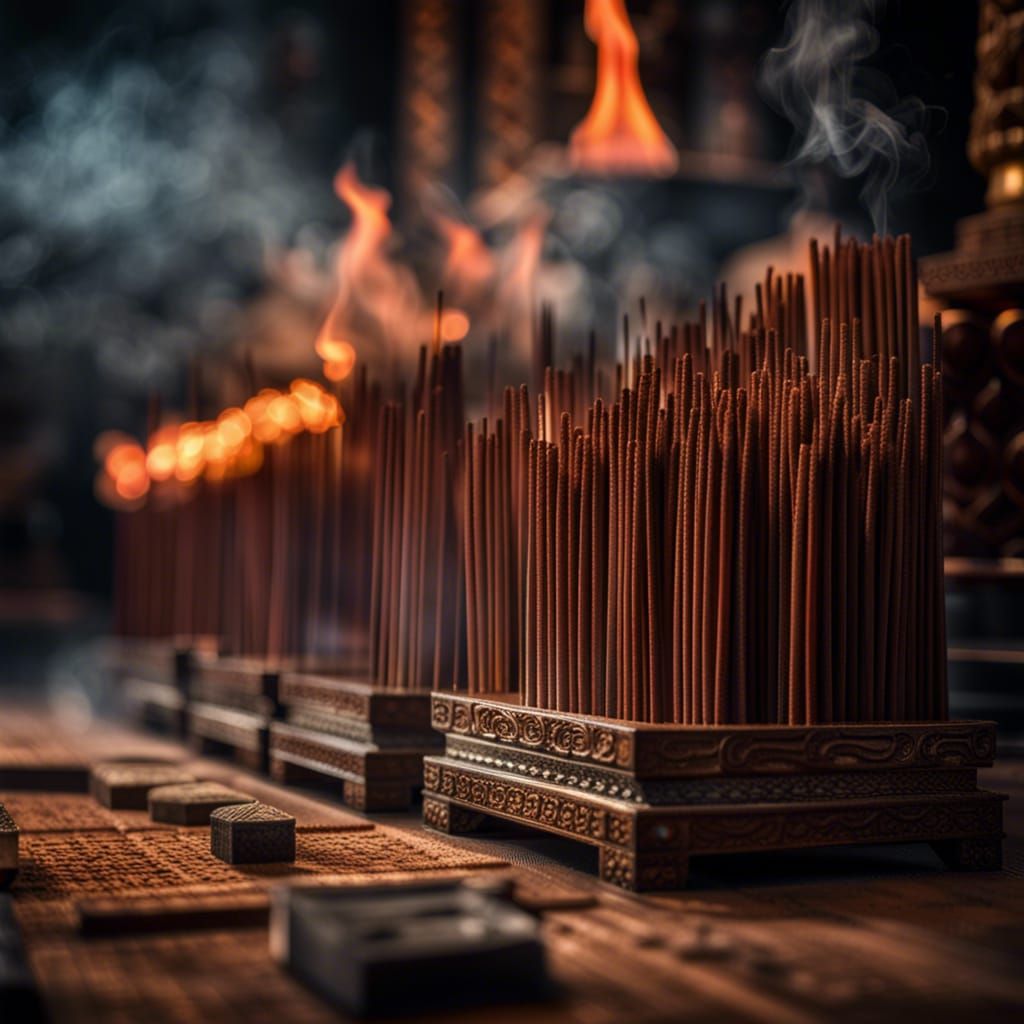 Incense Blocks Burning in Temple: Hyperrealistic Photography