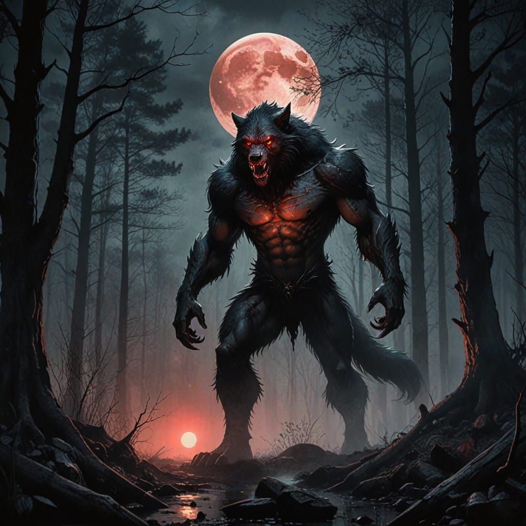 Gothic Werewolf Under Full Blood Moon in Dark Fantasy Landsc...