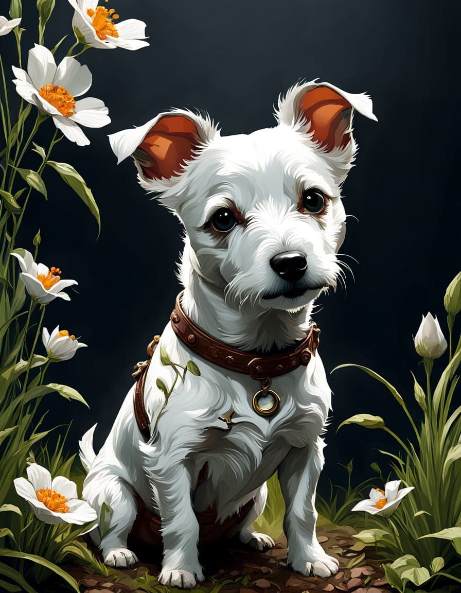 Whimsical Floral Baby Jack Russell Terrier in Digital Painti...