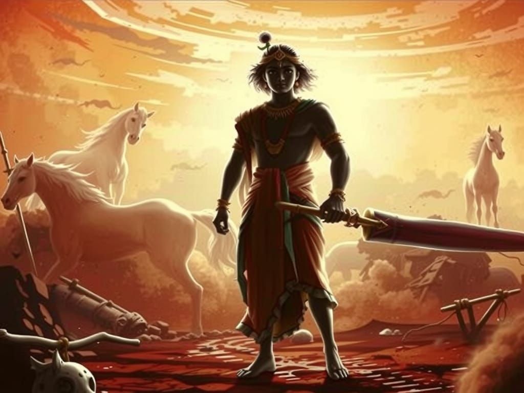 Krishna, Avatar of Vishnu, on Kurukshetra Battlefield at Sun...