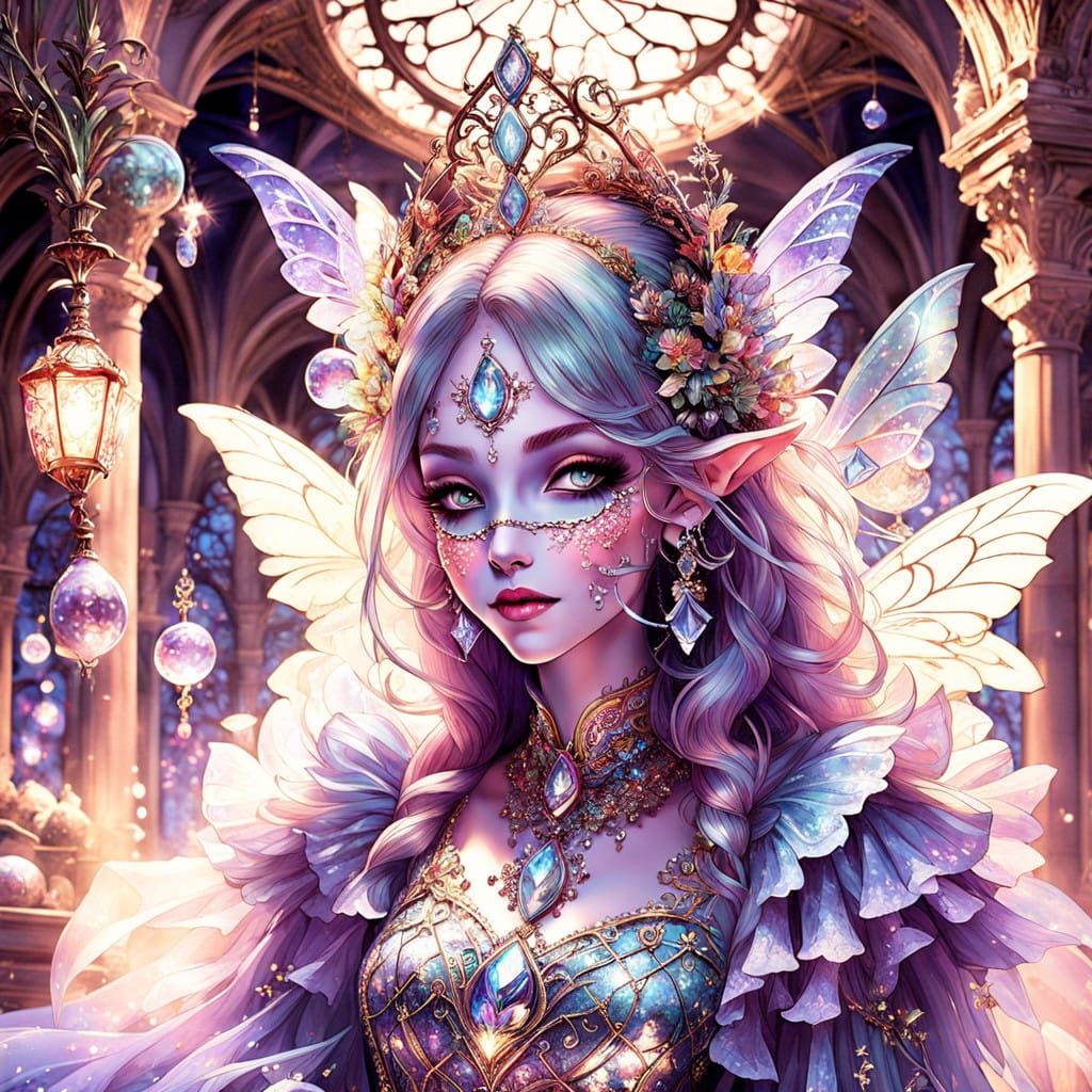 A resplendent, diamond-patterned motley-clad jester, wearing a hat adorned with colorful, jingling bells, expertly juggl...