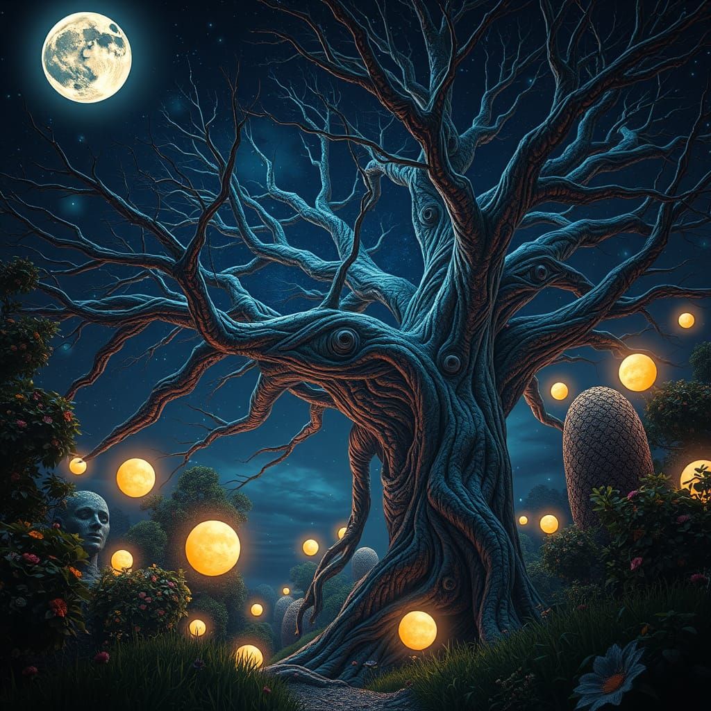 A vibrant psychedelic forest scene small hidden faces with a tree its branches reaching toward a celestial body hidden f...