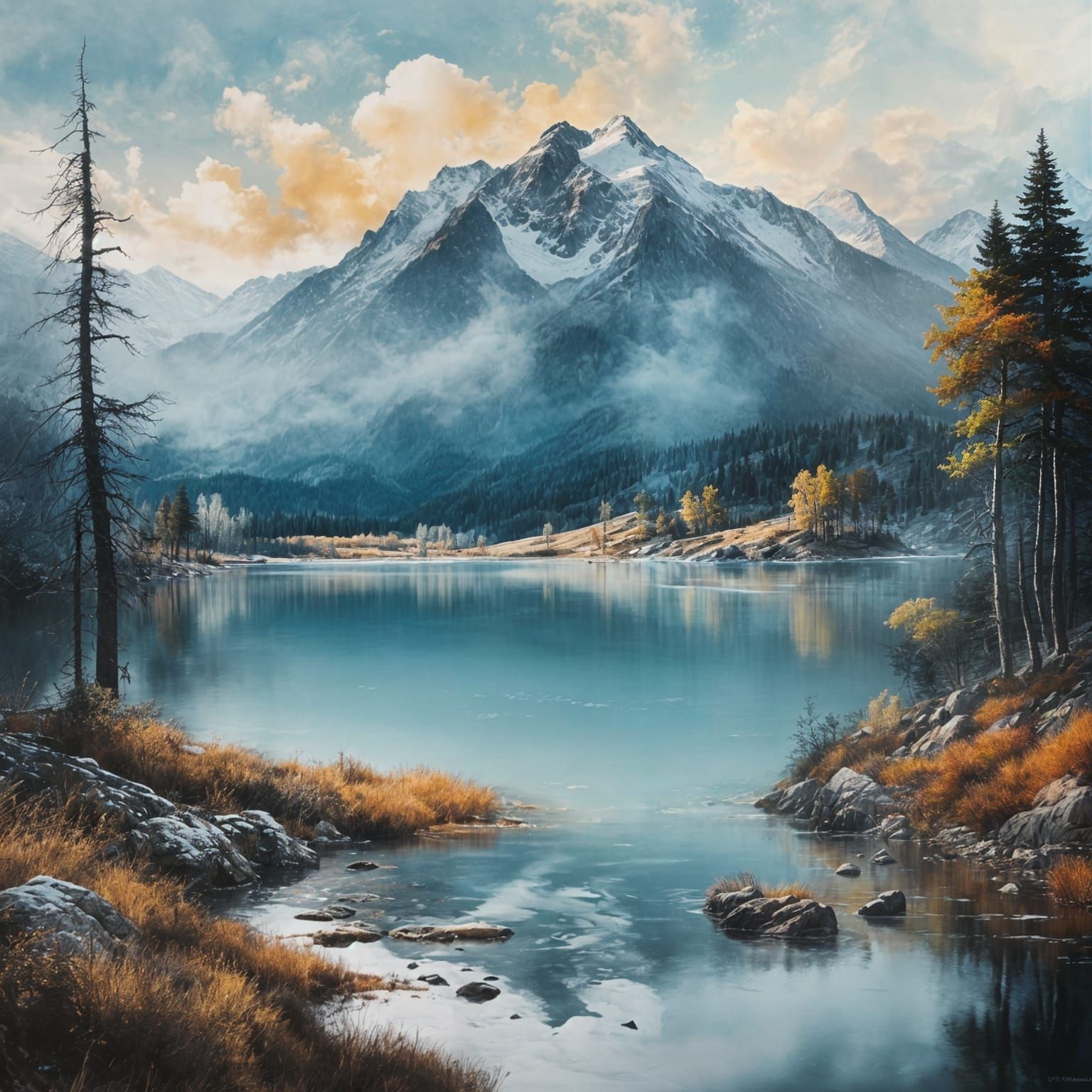 Autumn Mountain Lake Landscape with Mists
