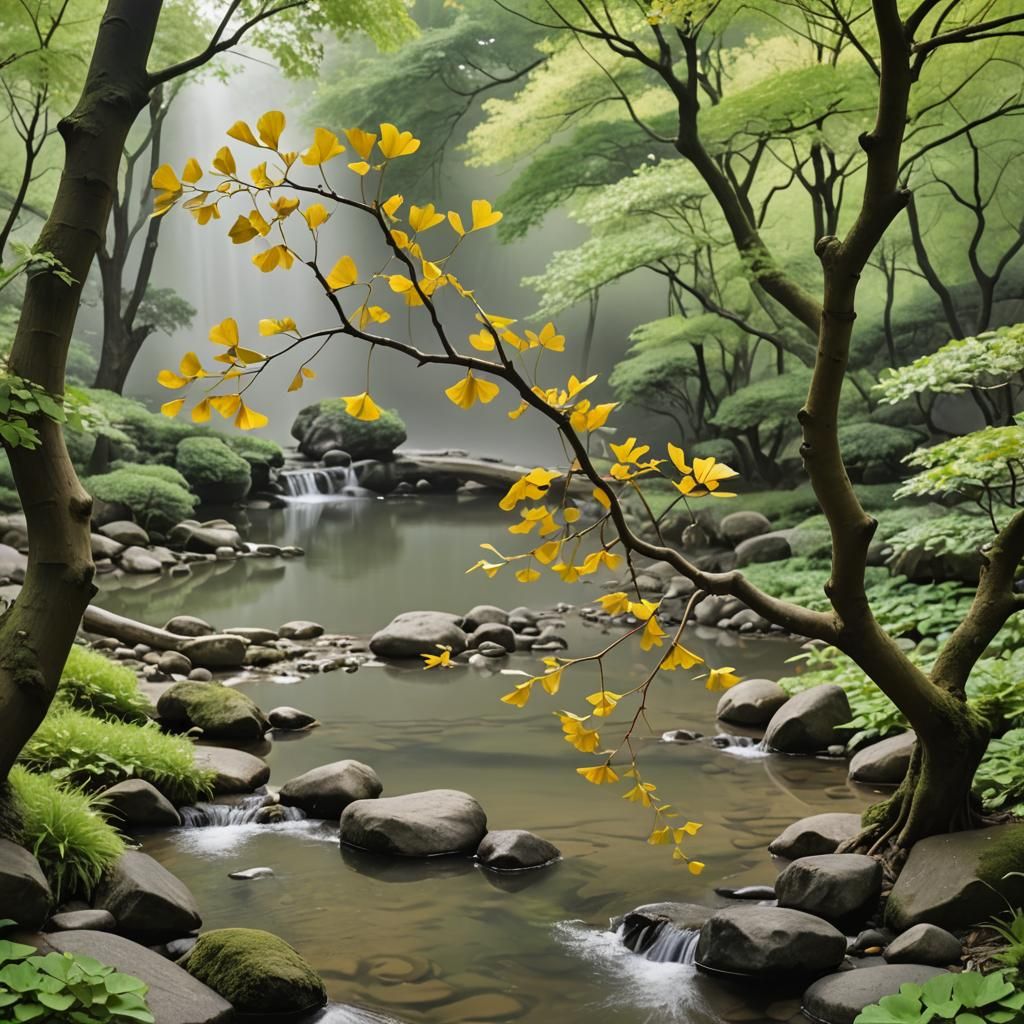 A ginkgo biloba branch over a quiet brook