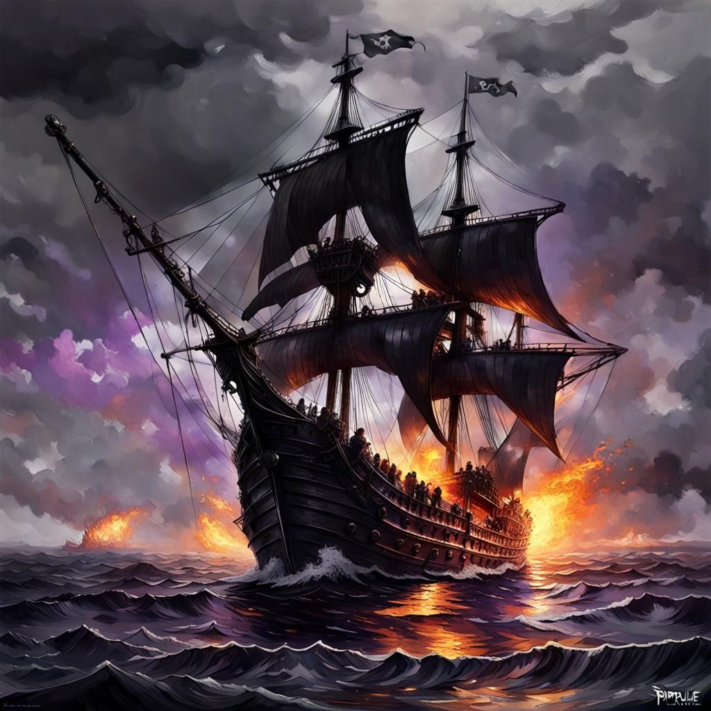 Flaming Pirate Ship on Grayscale Sea, Fantasy Art
